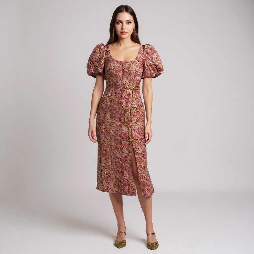 Mestiza New York Pia Metallic Floral Jacquard Pink Gold Front Slit Puff Sleeve 2